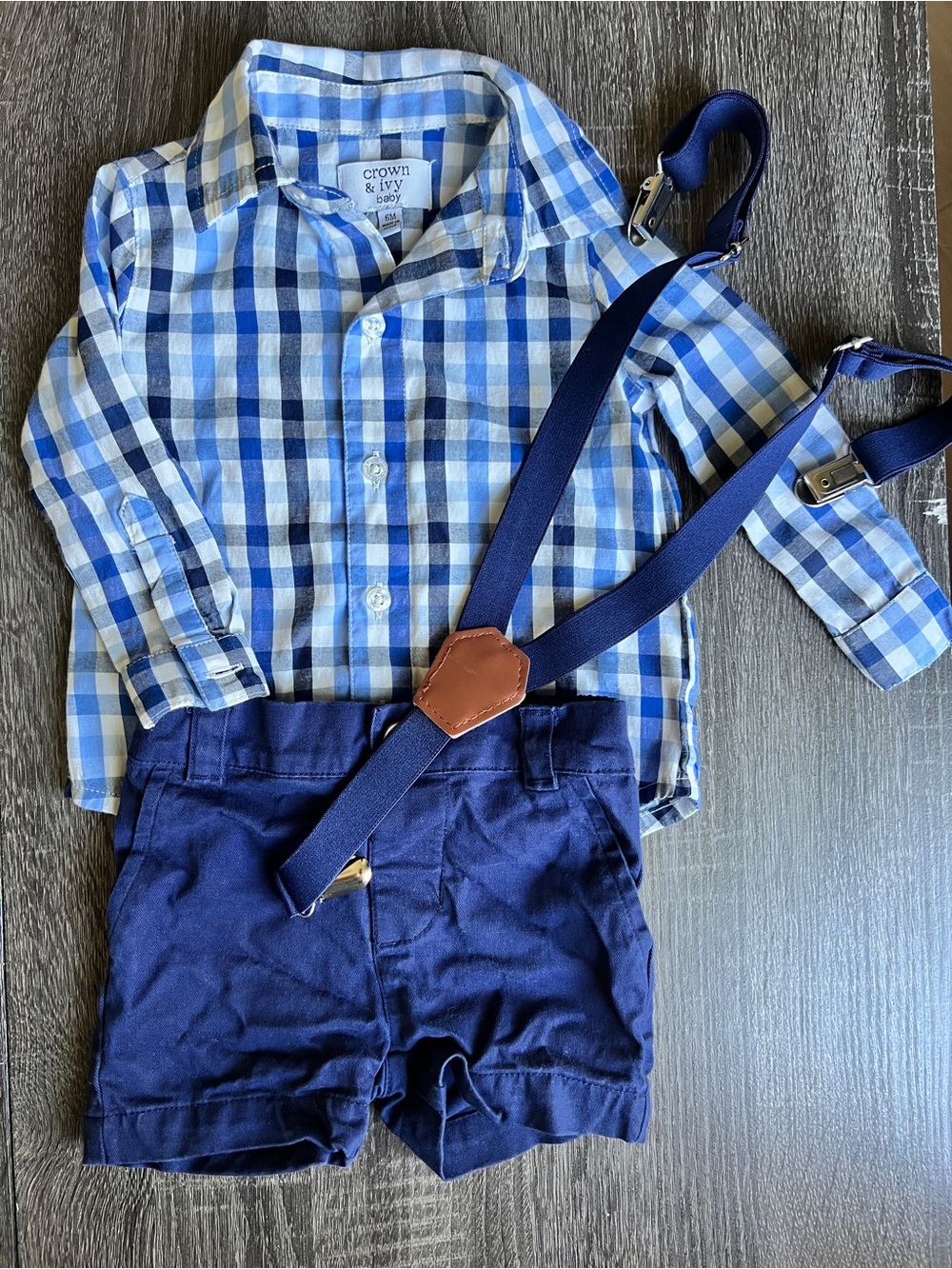 Crown & Ivy Baby Boy Outfit 6M Blue Plaid Button Down & Suspender Shorts Set